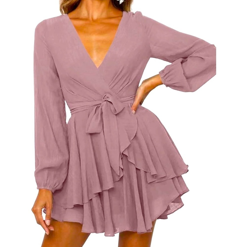 Ferlema Women's Sexy V Neck Ruffle Long Sleeve Tie Waist Swing Mini Wrap Dress